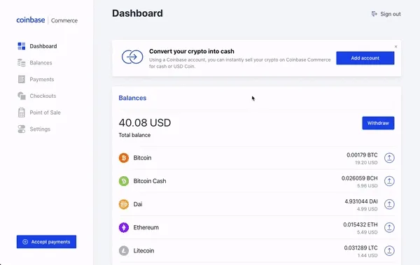 Connecting a Coinbase.com account to Commerce